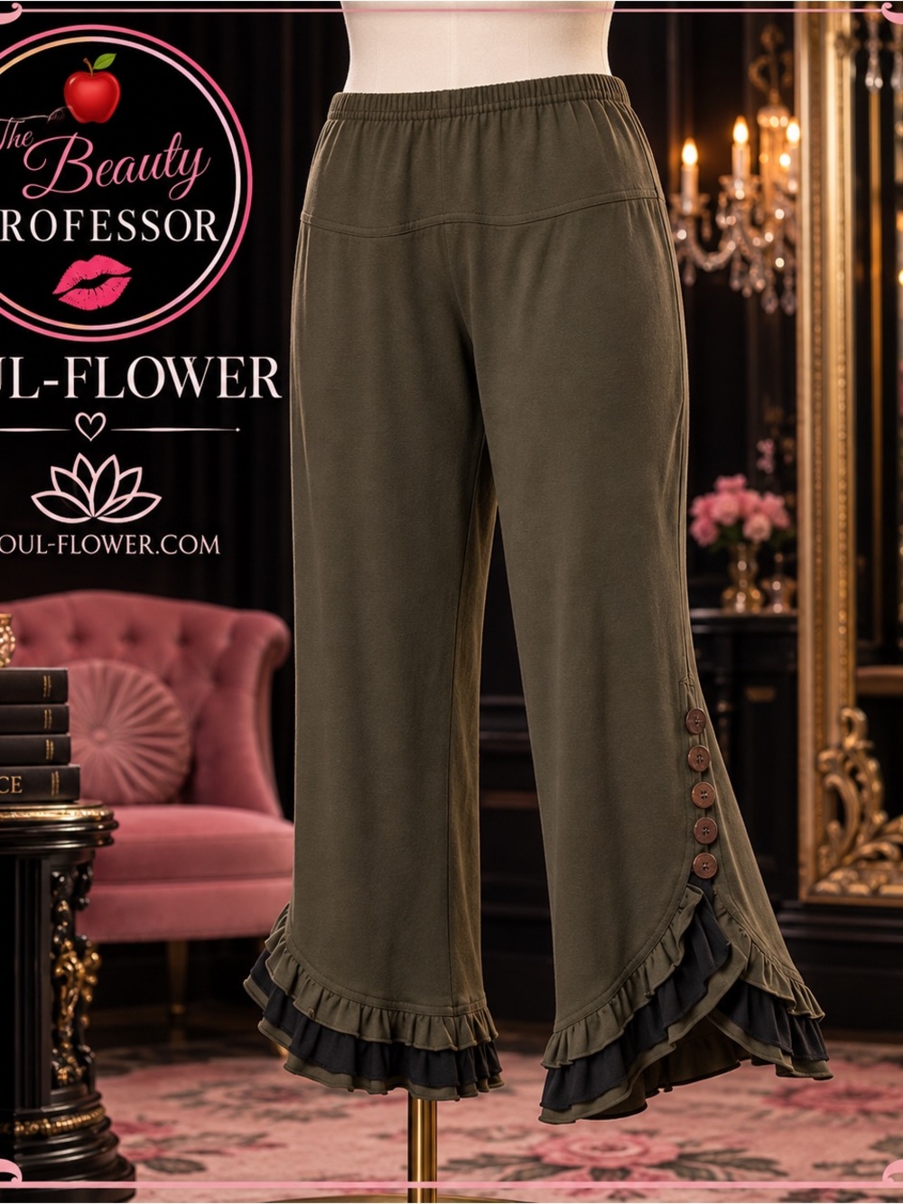 💕Soul Flower Olive Wide-Leg Ruffle-Hem Pants with Button Detail